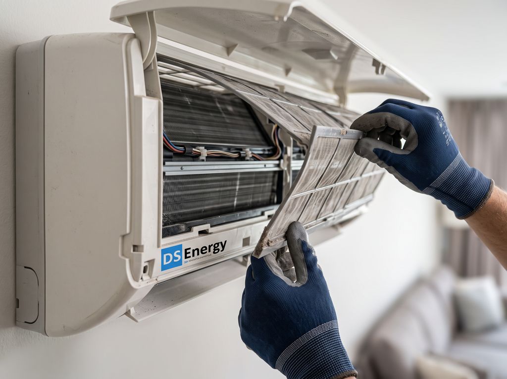 Retrait d’un filtre encrassé lors d’un entretien de climatisation