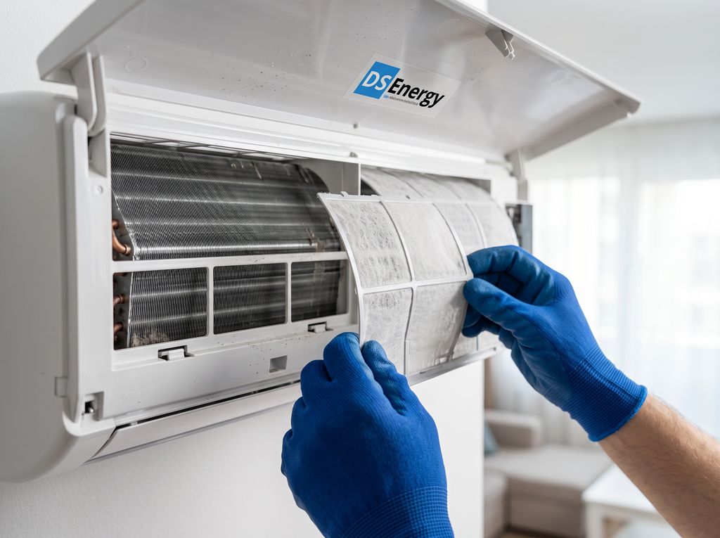 Technicien retirant le filtre encrassé d’une climatisation murale