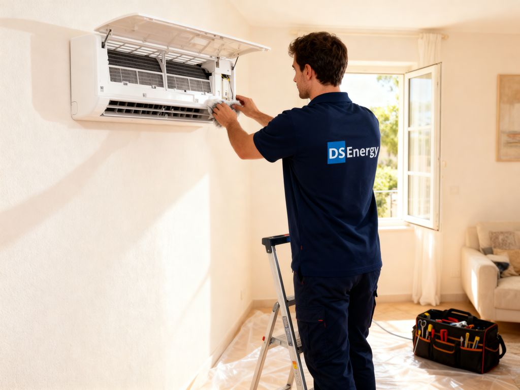 Technicien DS Energy nettoyant une unité intérieure de climatisation dans un séjour