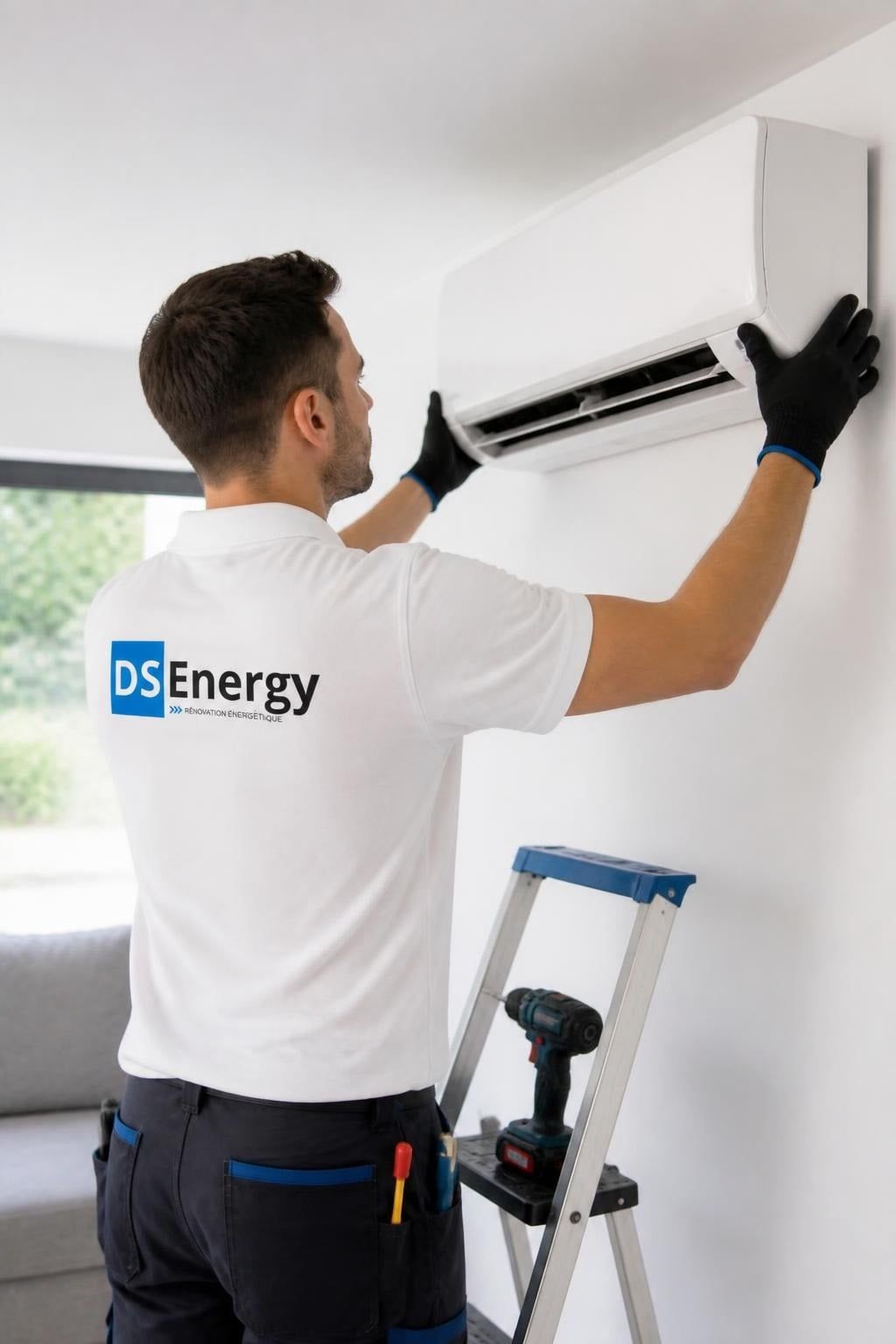 Technicien DS Energy remettant en place le capot d’une climatisation murale