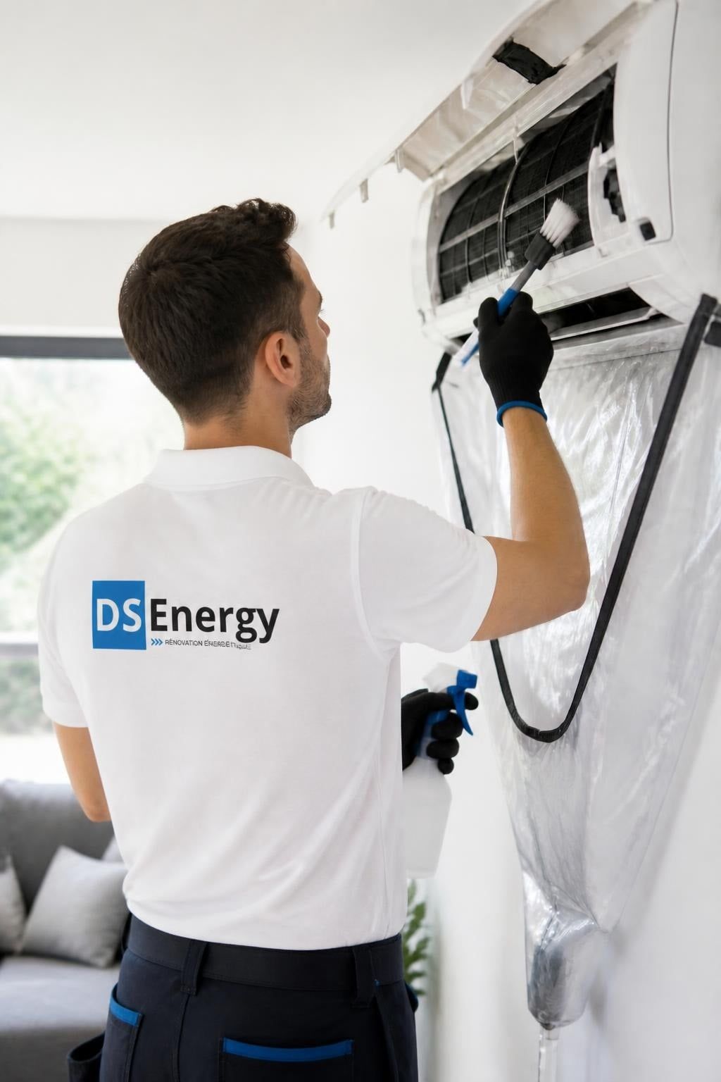 Nettoyage d’une climatisation murale avec housse de récupération et brosse