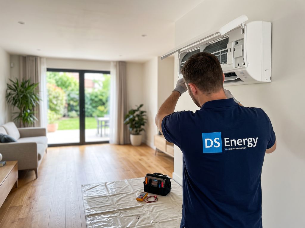 Technicien DS Energy ouvrant une climatisation murale dans un séjour protégé par une bâche