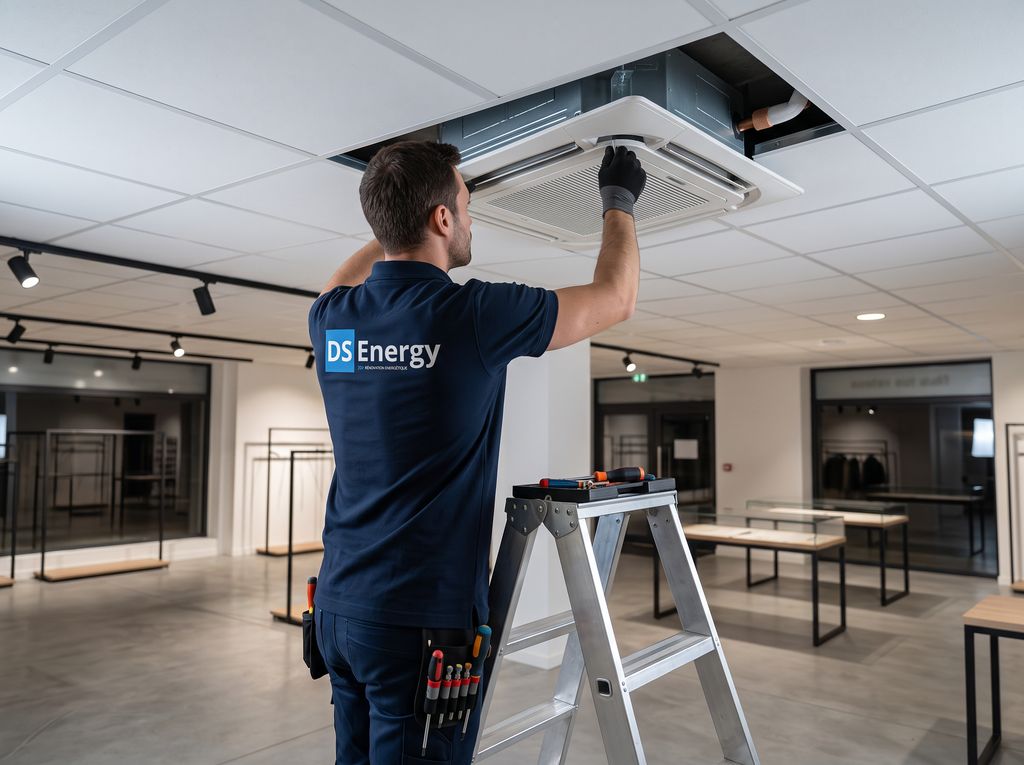 Technicien DS Energy intervenant sur une cassette de climatisation dans un commerce