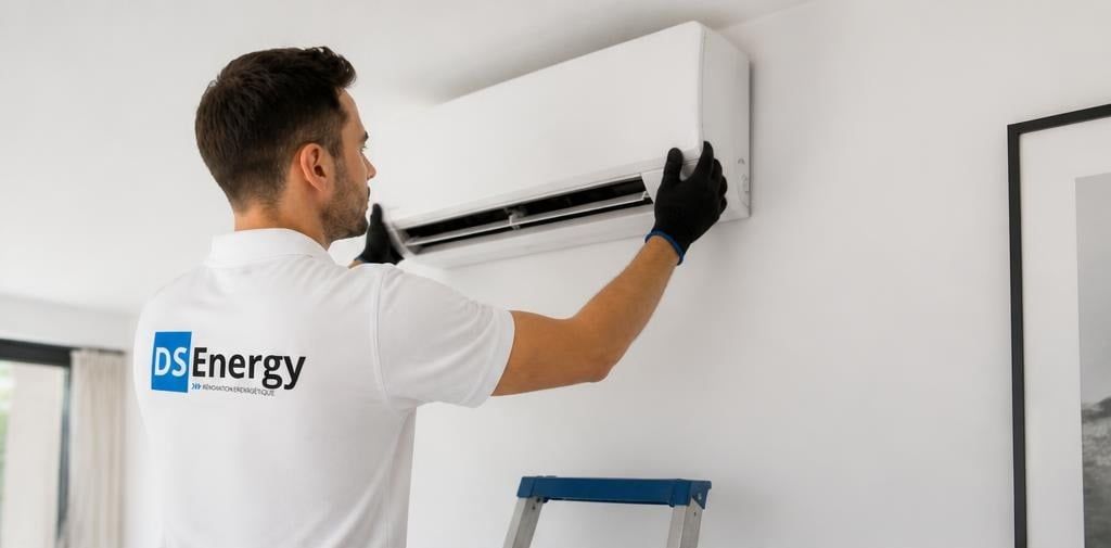 Technicien DS Energy ouvrant le capot d’une climatisation murale