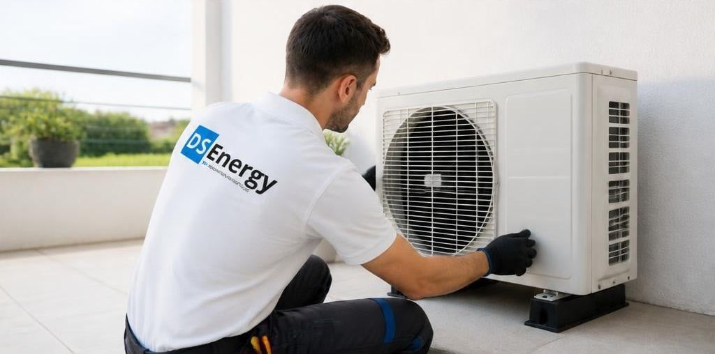 Technicien DS Energy contrôlant le groupe extérieur d’une pompe à chaleur air/air