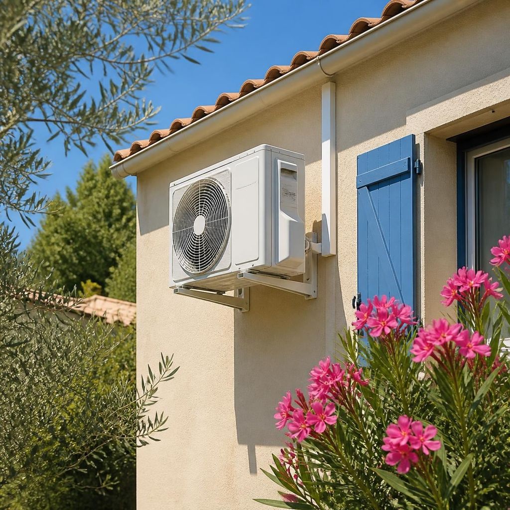 Unité extérieure de climatisation fixée sur console en façade d’une maison du Midi