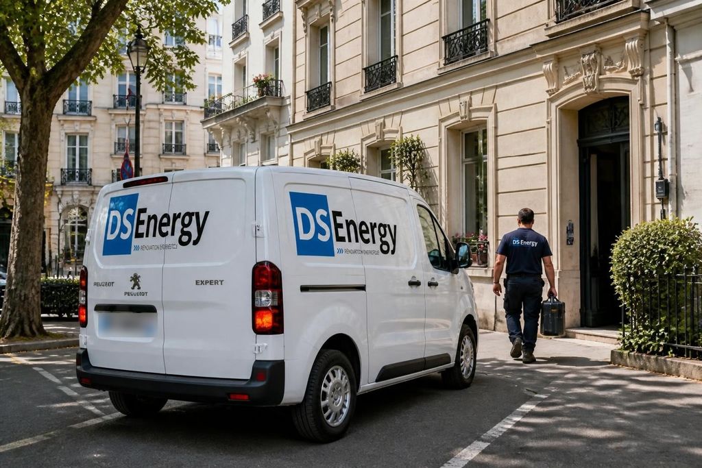 Véhicule DS Energy en intervention à Nîmes, technicien se rendant chez un client