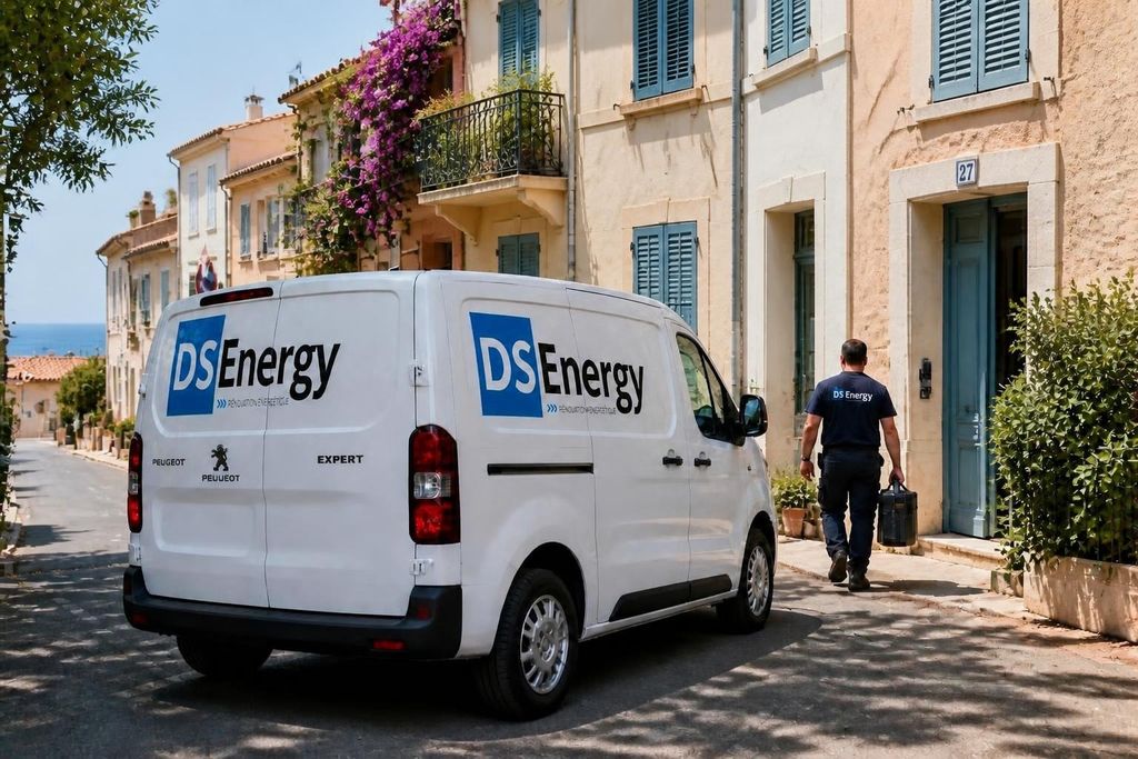 Véhicule DS Energy en intervention à Sète, technicien se rendant chez un client