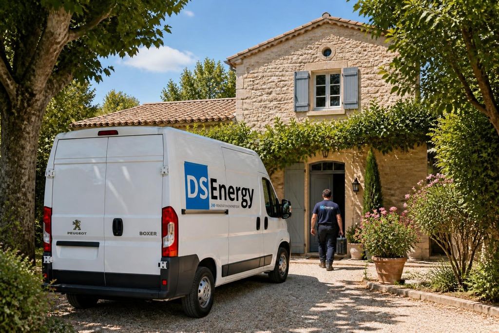 Véhicule DS Energy garé devant une maison en pierre, technicien en route vers l’intervention